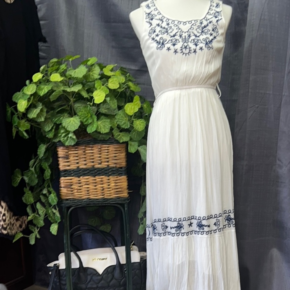 White Embellished Pleated Maxi Sundress